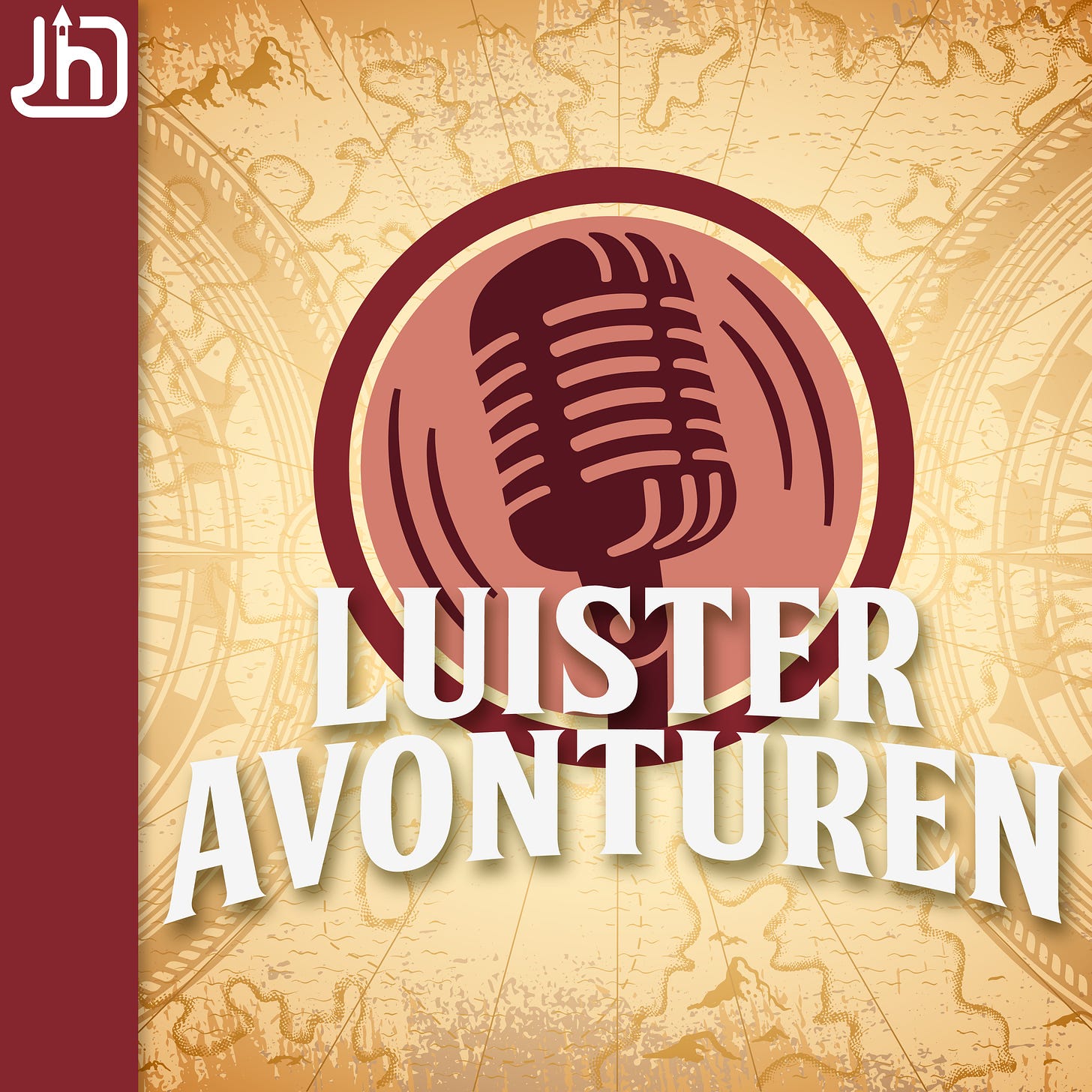 Podcast artwork van Luisteravontuern. Een grote microfoon in een rood rondje tegen een beige achtergrond. Luisteravonturen staat er groot in