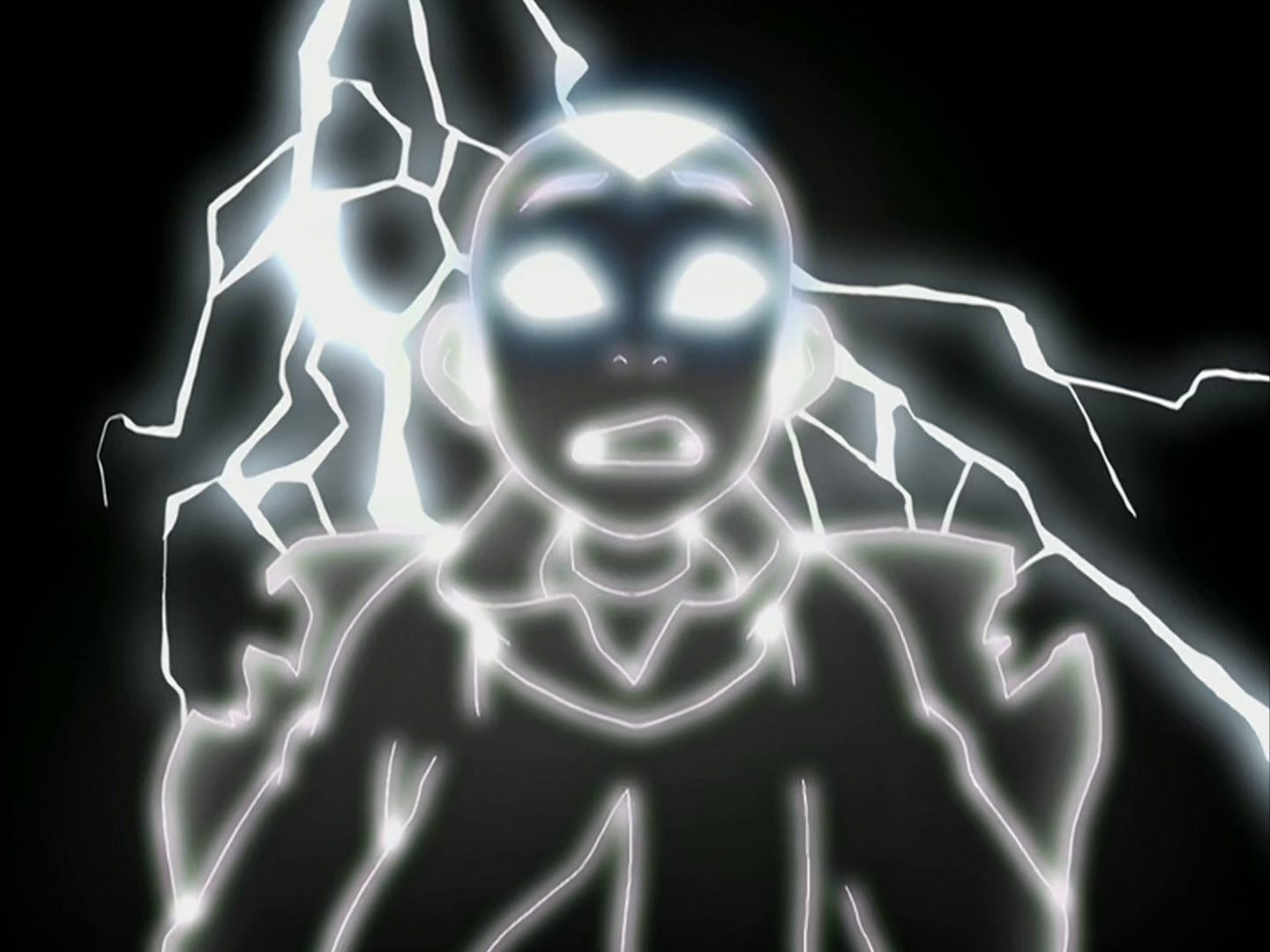 Aang's body is lit up by lightning, his face surprised, as Azula shoots him in the back.