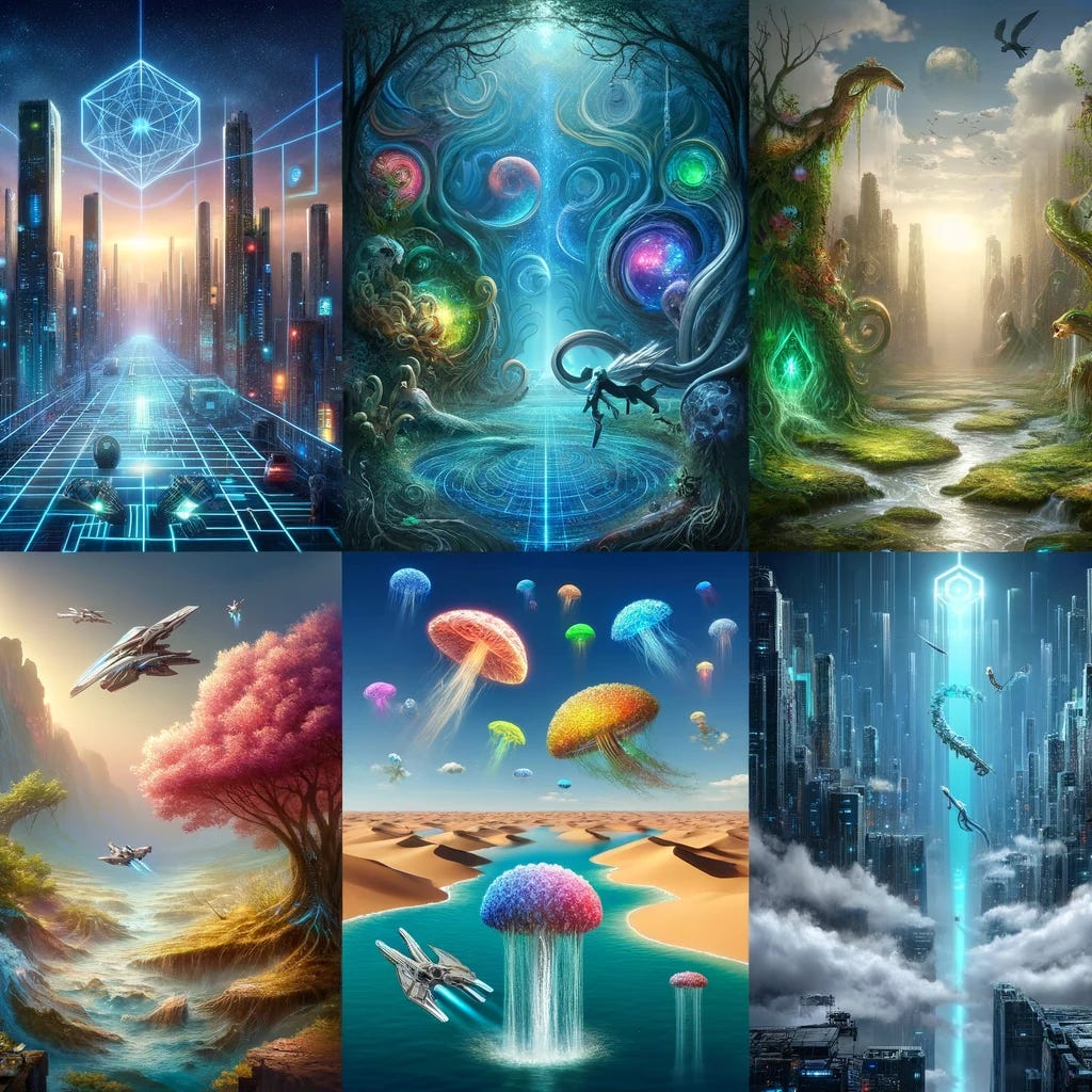 An image depicting six interconnected but distinct realities. The first reality: a futuristic cityscape with hovering cars and neon lights. The second reality: an ancient, mystical forest with glowing plants and mythical creatures. The third reality: an underwater world with colorful coral reefs and marine life. The fourth reality: a vast desert with advanced alien technology partially buried in the sand. The fifth reality: surreal floating islands in the sky with waterfalls cascading into clouds. The sixth reality: a cyberpunk urban slum bustling with activity. Each reality is connected by ethereal, glowing portals.