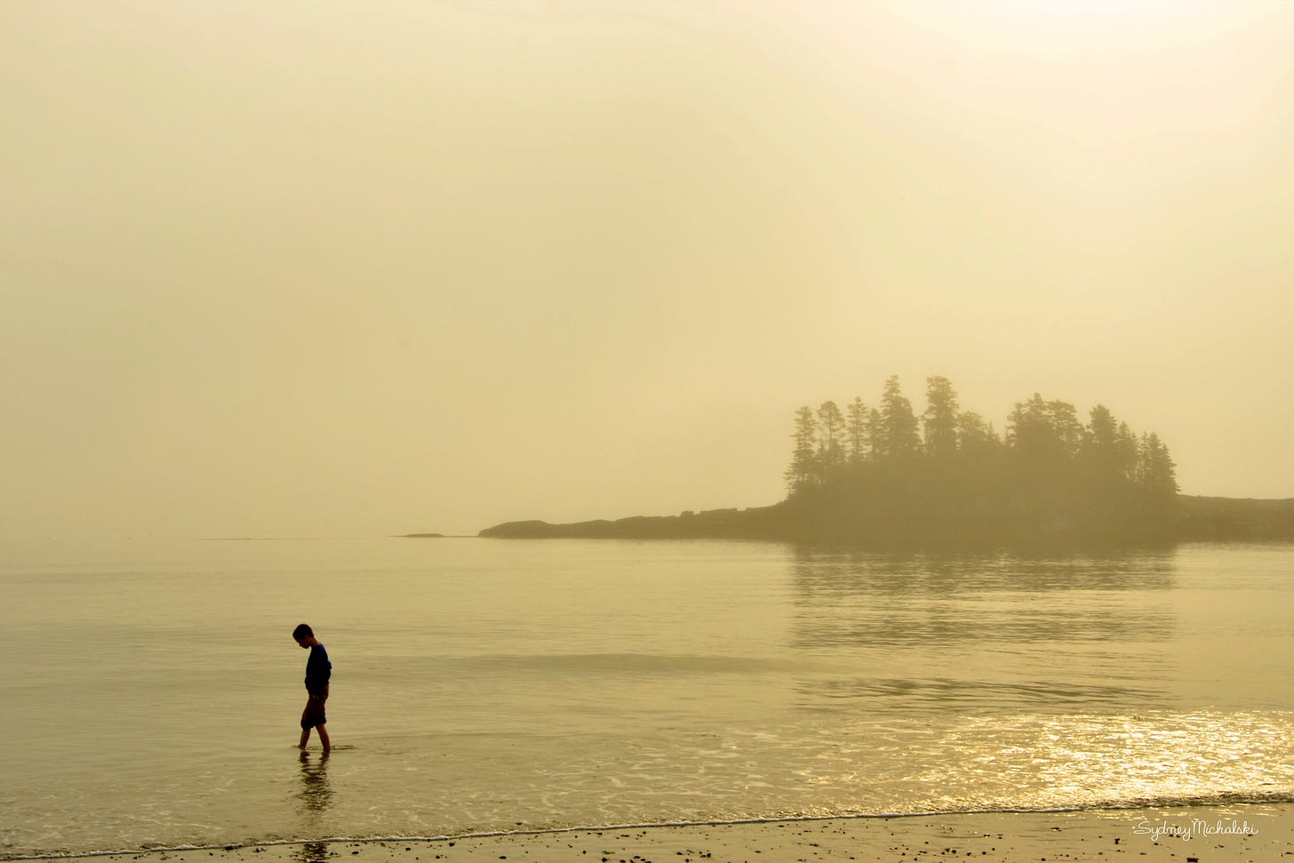 The silhouette of a child splashes in the shallows along a coastline lit by golden sunrise.