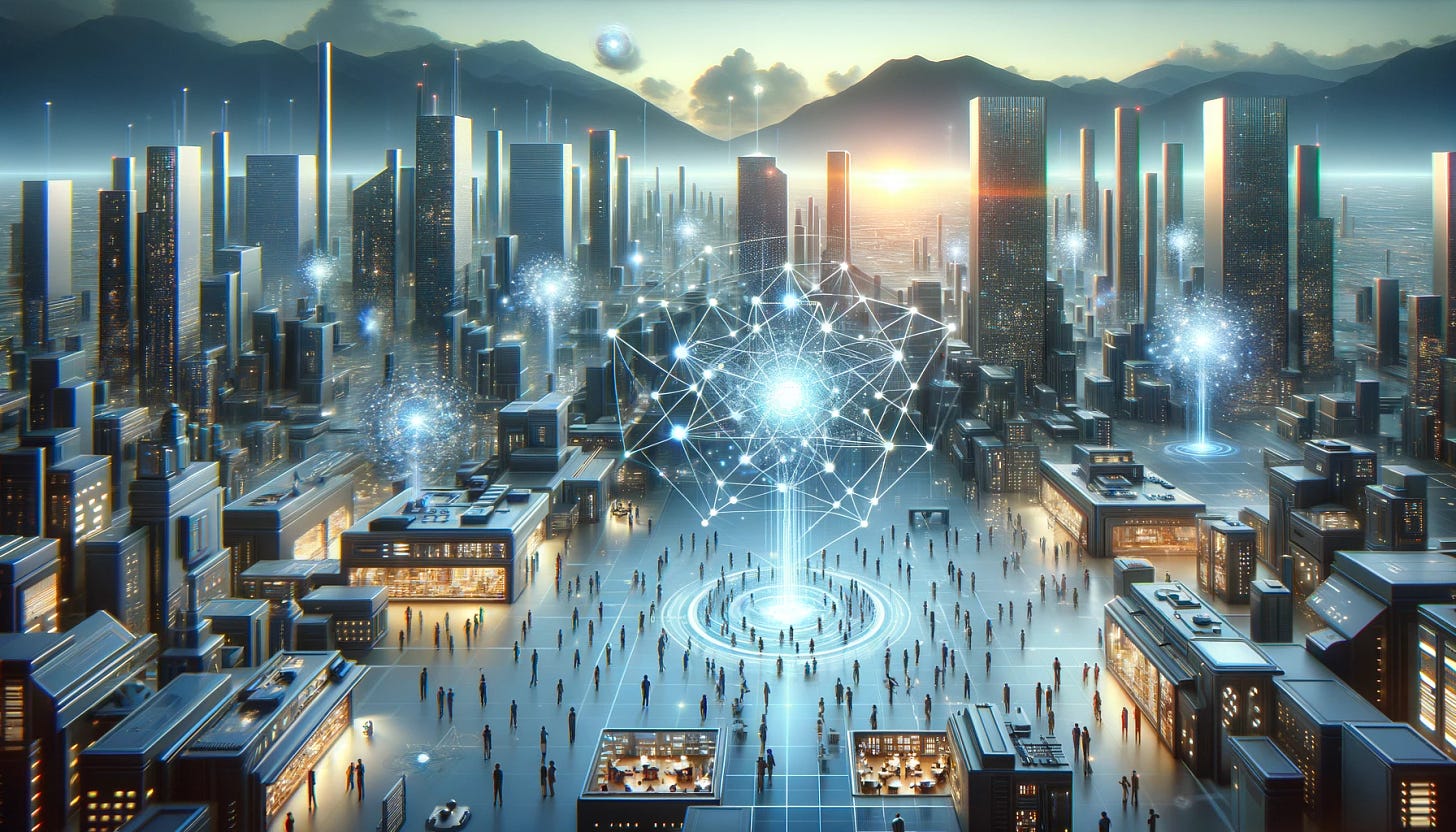 A futuristic, landscape-oriented illustration in the style of the second image provided in this session, focused on the founding of OpenAI but without a giant robot. This scene should include a sleek, high-tech cityscape. Central to the composition, an array of glowing, interconnected nodes, symbolizing the collaborative and innovative nature of OpenAI. These nodes should be connected by luminous lines, suggesting a network of ideas and technology. Around this network, diverse human figures are engaged in various activities of learning, discussion, and interaction with technology, illustrating the inclusivity and community aspect of OpenAI's mission. The background should feature advanced architectural structures, representing the progress and potential of AI, without the presence of any dominating AI entity.