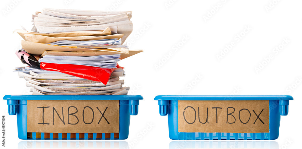 Procrastination - A full Inbox tray and an empty Outbox tray - Overwhelmed  - Isolated on white background Stock Photo | Adobe Stock