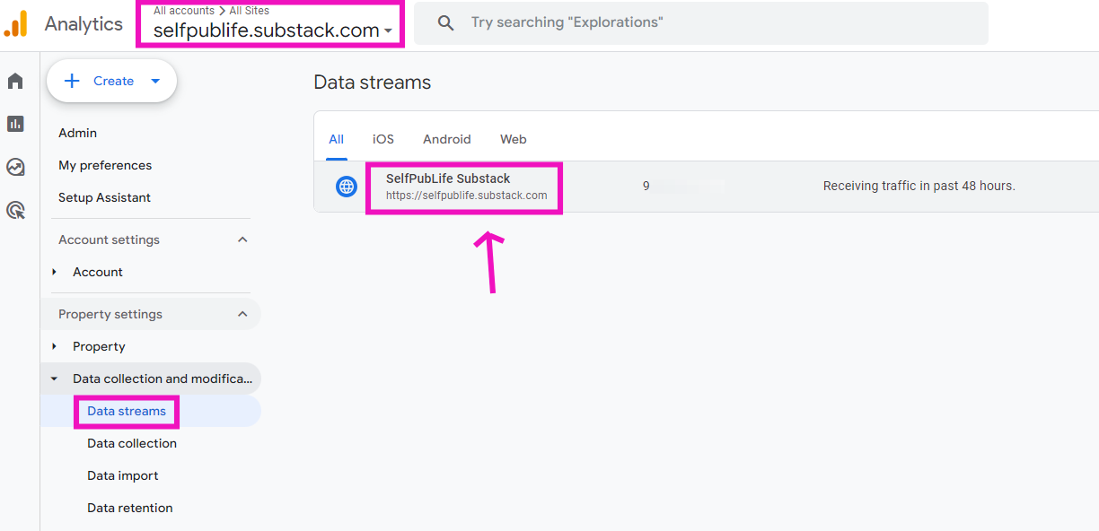 GA4 dashboard data streams screenshot