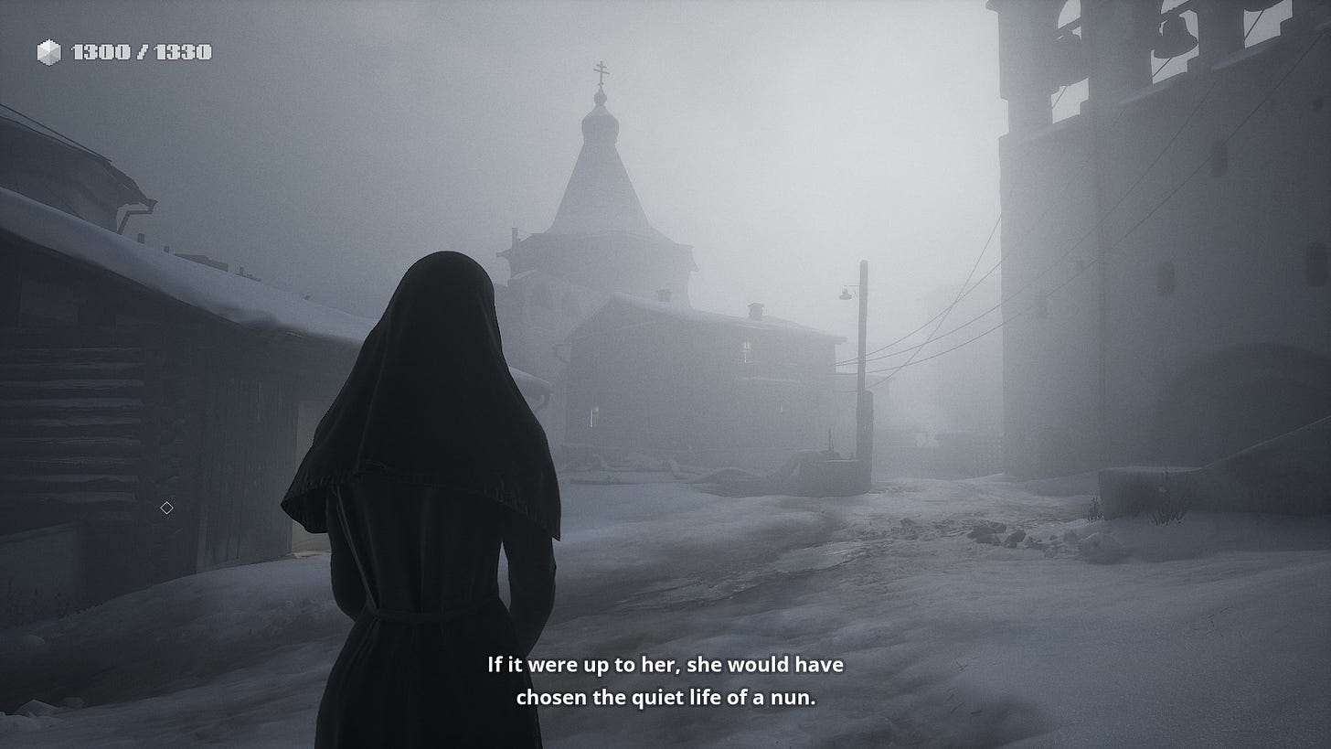 A screenshot of the game INDIKA, showing the titular character from behind in a medium shot, overlooking a church and some building against misty sunlight.