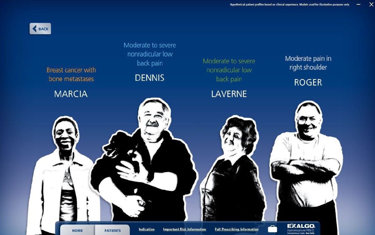 A screenshot of a website homepage with a blue background and white text. On the left side of the page there is a title that reads "Breast cancer with bone metastases" and below it there are four images of four people - Marcia Dennis Laverne and Roger. Marcia is on the left Dennis is in the center Dennis and Roger are on the right and they are all smiling and looking at the camera. They are all wearing casual clothes and appear to be happy.<br /><br />At the bottom of the image there has a navigation bar with various options such as "Home" "Patients" and "Exalgo". There is also a button that says "Back". The overall design of the website is simple and modern with a clean and minimalistic layout.