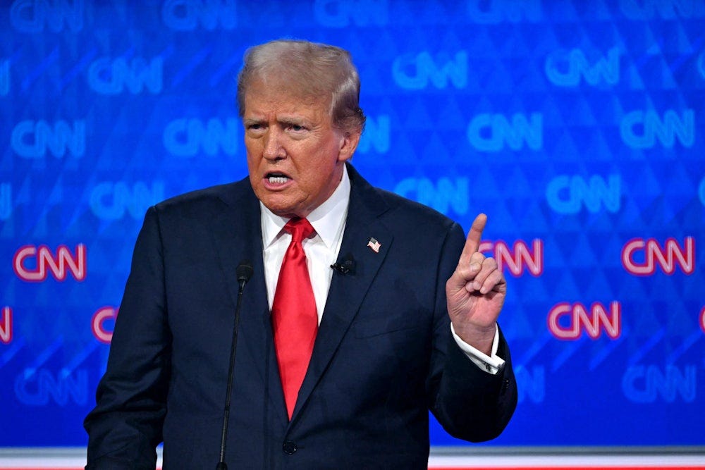 Donald Trump speaks as he participates in the first presidential debate of the 2024 elections.