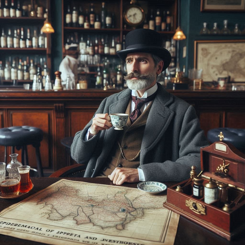 A famous doctor expert in epidemiology and anesthesia in 1800s England, sitting in a bar of the era, dressed as a Victorian London doctor, drinking coffee, with several maps on the nearby table.