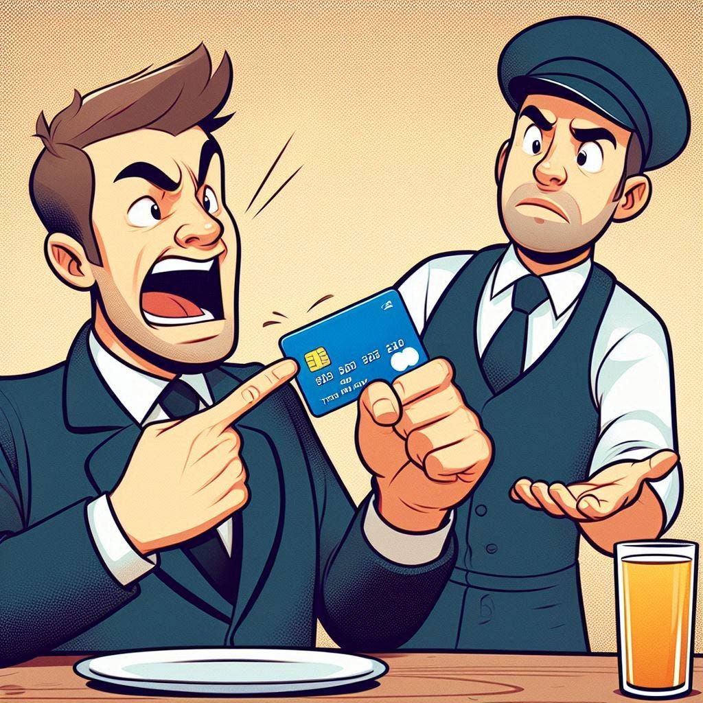 Una ilustración sarcástica y divertida de una persona usando una tarjeta de crédito en una situación cómica, como tratando de pagar con su tarjeta en un restaurante o usando su tarjeta para sobornar a un camarero.
