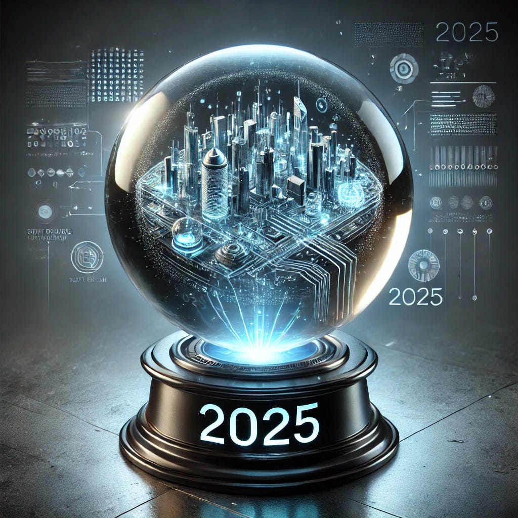 A futuristic crystal ball set on a sleek, high-tech pedestal, glowing with a digital-blue hue. Inside the crystal ball, a miniature city skyline with smart buildings, digital data streams, and holographic projections emerges, symbolizing PropTech, real estate innovation, and the built world. Floating geometric shapes and circuit-like patterns wrap around the sphere, while faint binary code runs across the crystal surface. The year '2025' is prominently displayed within the crystal ball, symbolizing a forward-looking vision. The background is dark and atmospheric, highlighting the crystal ball as the central focus, evoking a sense of technological foresight and a visionary outlook for the year 2025.