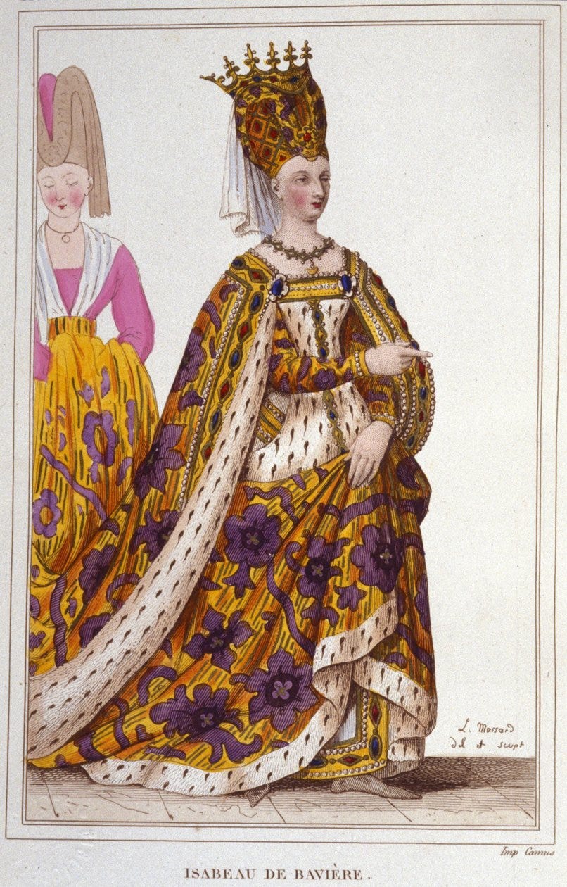 Isabeau (Isabelle, Elisabeth) of Bavaria (1371-1435). Queen of France.  Engraving of 1830.