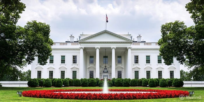 A front view of the White House.