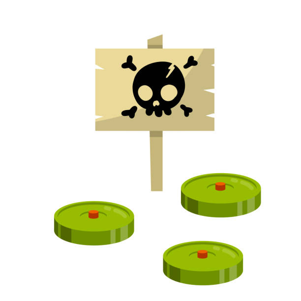 Minefield. Green mines. Bomb and weapons. Danger warning sign with skull. Hostility. Concept of threat and risk. Cartoon flat illustration Minefield. Green mines. Danger warning sign with skull. Hostility. Concept of threat and risk. Cartoon flat illustration. Bomb and weapons landmine stock illustrations