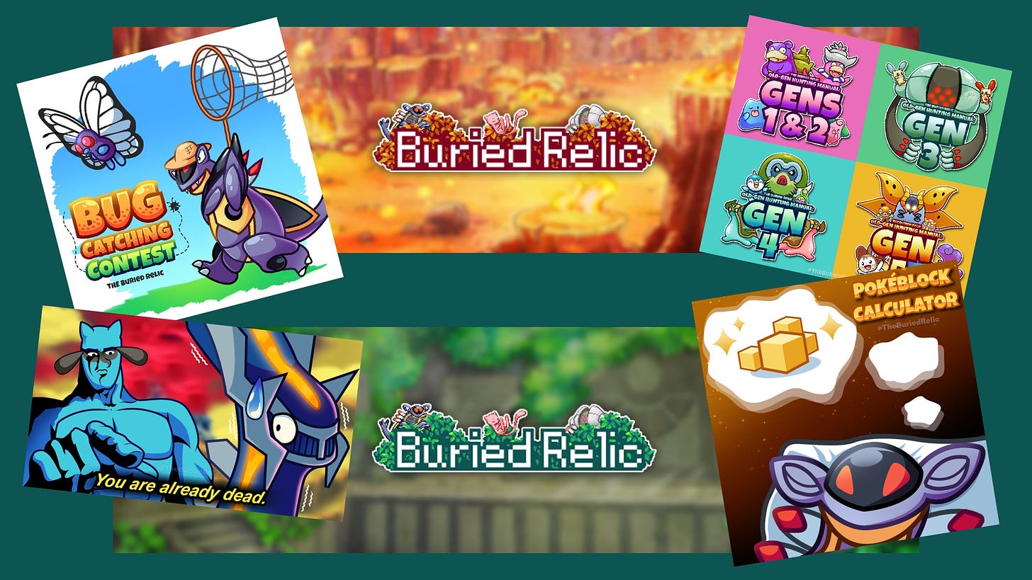 A selection of banners, logos, and images representing the different kinds of content Buried Relic offers