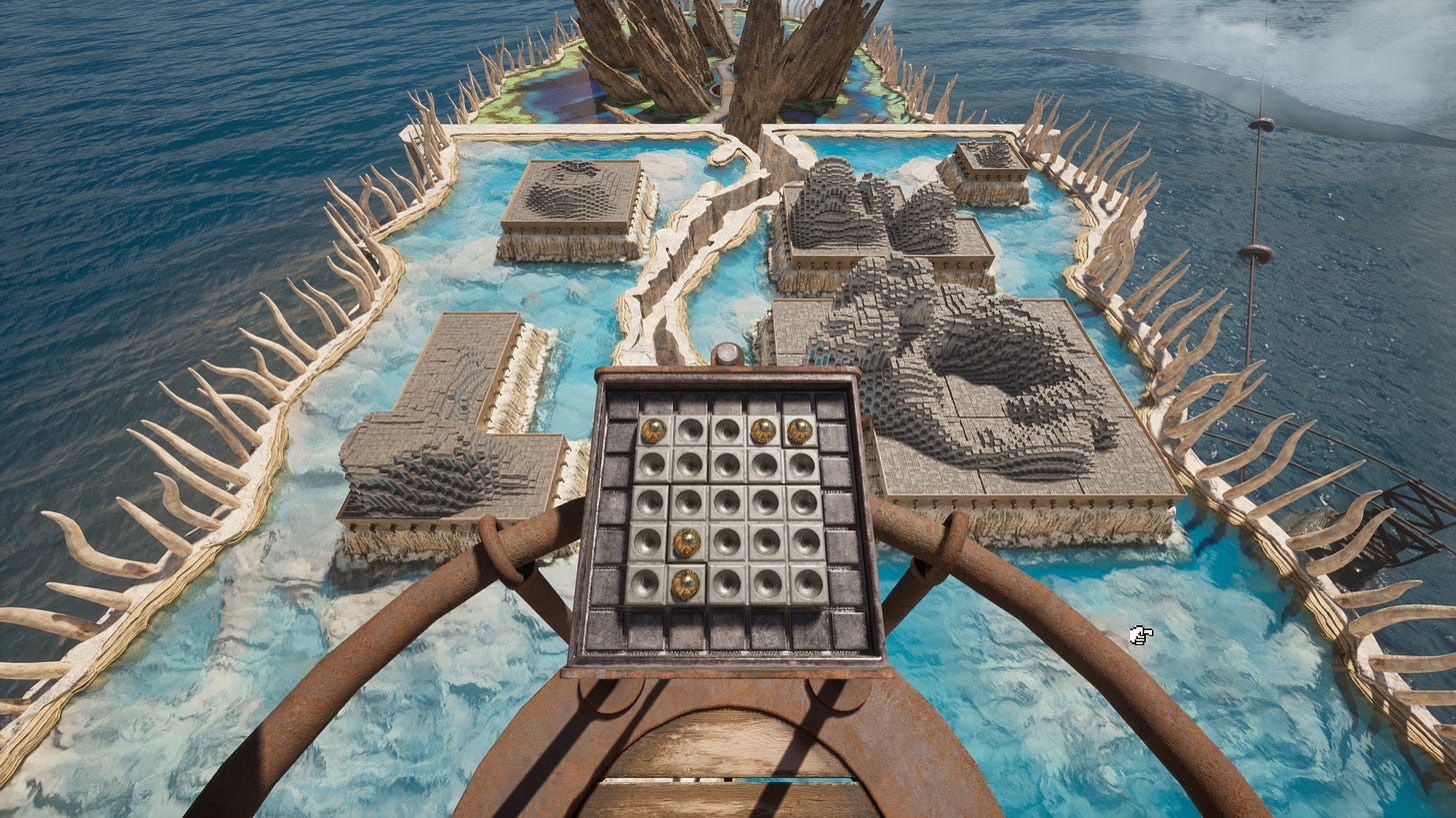 A screenshot of the remake Riven (2024) showing a puzzle with platforms and a panel of blocks.