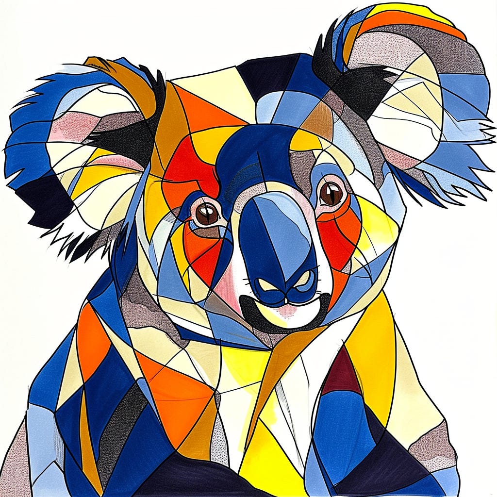  Koala portrait, fusion of one-line art and abstract color blocking. The continuous line is unbroken and fluid, capturing the subject's essence with minimalistic elegance. Bold, flat colors--primary blues, yellows, and reds, alongside secondary oranges--segment the image into a patchwork, reminiscent of cubist influences. This technique emphasizes the interplay between the defined, sinuous black line and the vivid, geometric color shapes, against a stark white background, creating a striking, modern aesthetic.