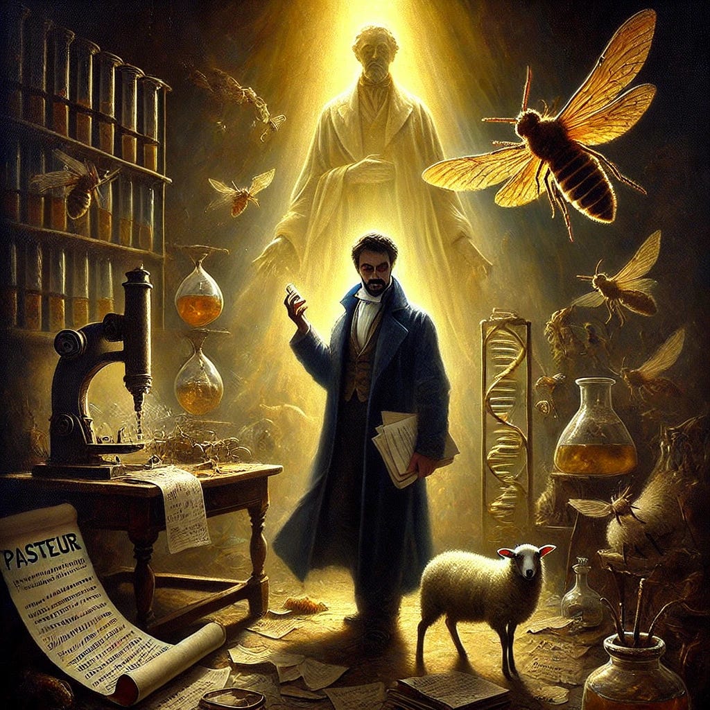 A dramatic oil painting depicting Pasteur in a shadowy, sinister light, symbolizing accusations of plagiarism and deception in his scientific career. Pasteur is shown in a darkened laboratory, holding stolen papers with Béchamp's name faintly visible on them, surrounded by crumbling scientific tools and falsified data scattered around. In the background, a figure symbolizing Béchamp stands in radiant light, holding a glowing flask, representing truth and innovation. The painting’s foreground features silkworms, diseased and healthy, to represent the controversy over silkworm research. To the side, sheep and a broken syringe symbolize the anthrax vaccine debates. The overall composition uses a stark contrast of deep shadows and glowing golden light to represent deception and the triumph of suppressed truth.