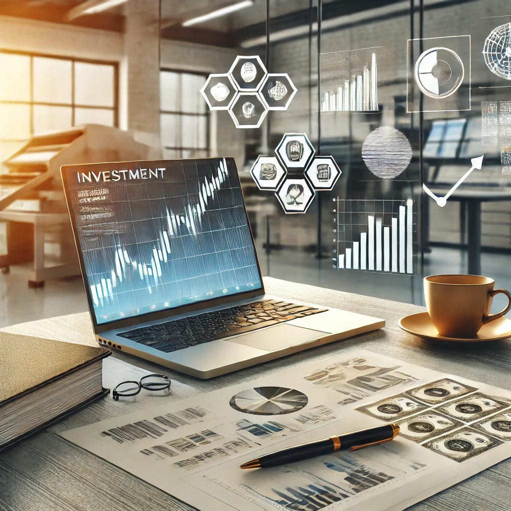 A professional image representing investment opportunities, tailored to the theme of Creative Graphics Solutions. The image features a modern office desk with a laptop displaying stock market graphs alongside illustrations of packaging materials like flexographic printing plates, pharmaceutical blister packs, and design layouts. A cup of coffee and a neat stack of papers with a pen are also present, softly lit by natural light from a window. The background includes a blurred view of a printing press to subtly represent the company's business focus.