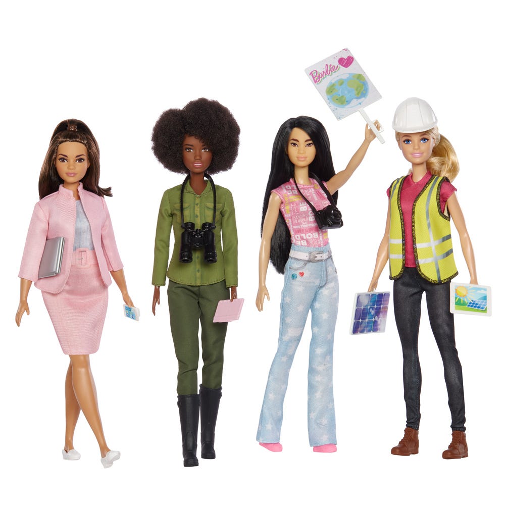 en colaboración con el Jane Goodall Institute, Mattel lanzó cuatro muñecas Barbie inspiradas en el movimiento ecologista y en la sostenibilidad