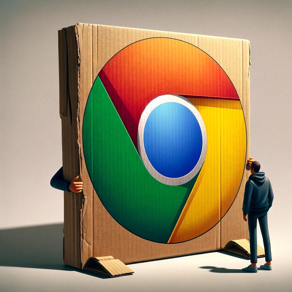 Visualize a humorous scene where the iconic Google Chrome logo is represented as a three-dimensional object, but it's clearly a cheap, flimsy fake, akin to a cardboard cutout. This logo is being propped up from the side, suggesting it might fall over at any moment. The colors are a bit faded, as if the print quality wasn't the best, and the edges of the cardboard are visibly frayed and bent. The scene is set against a nondescript background, emphasizing the logo's makeshift, almost comical attempt at mimicking the real thing. The side view reveals the thinness of the material, highlighting its lack of substance and durability.