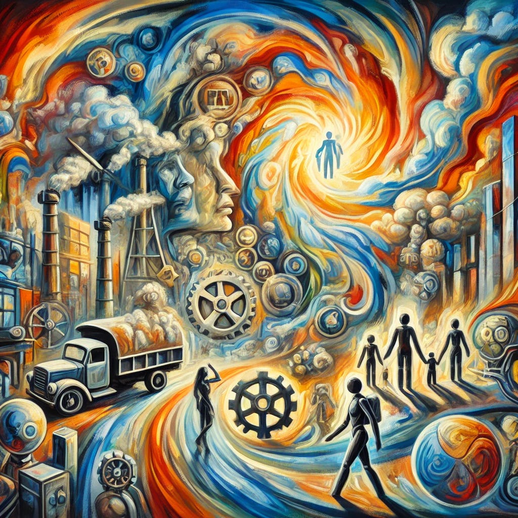 A dramatic, abstract scene with swirling, bold brushstrokes and bright, contrasting colors. The background features a complex, expressive sky symbolizing societal changes. In the foreground, symbolic figures represent the declining birth rates and shrinking societies, with elements of technology like robots and household appliances suggesting potential solutions. There are also hints of migration and education, reflecting the factors influencing fertility rates. The scene captures a psychological depth and a hint of melancholy, resembling an oil painting inspired by the expressionist movement.