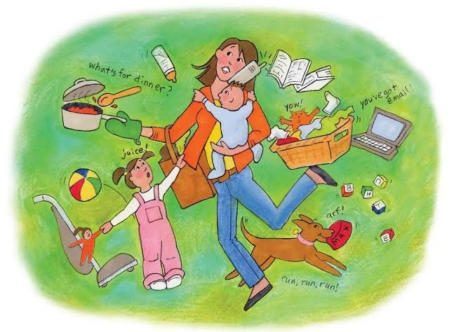 pixture of mother holding a child and juggling housework, work, cooking, cleaning