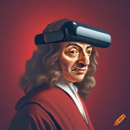 René Descartes immersed in a virtual reality application. Red Background.