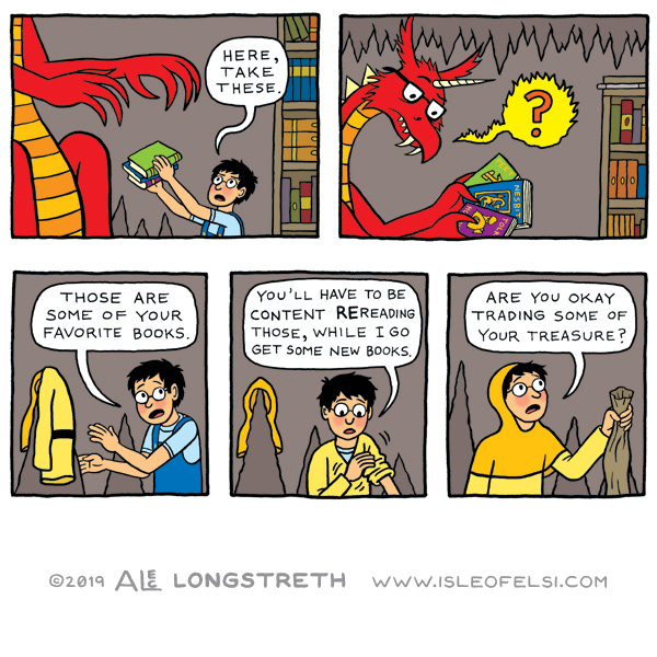 A boy hands a red dragon some books. The dragon looks at them with a big question mark. The boy says the dragon will have to be content with them while he goes out to get more books to read. The boy dons a yellow cape and asks the dragon if it is okay to use some of the treasure to buy more books.