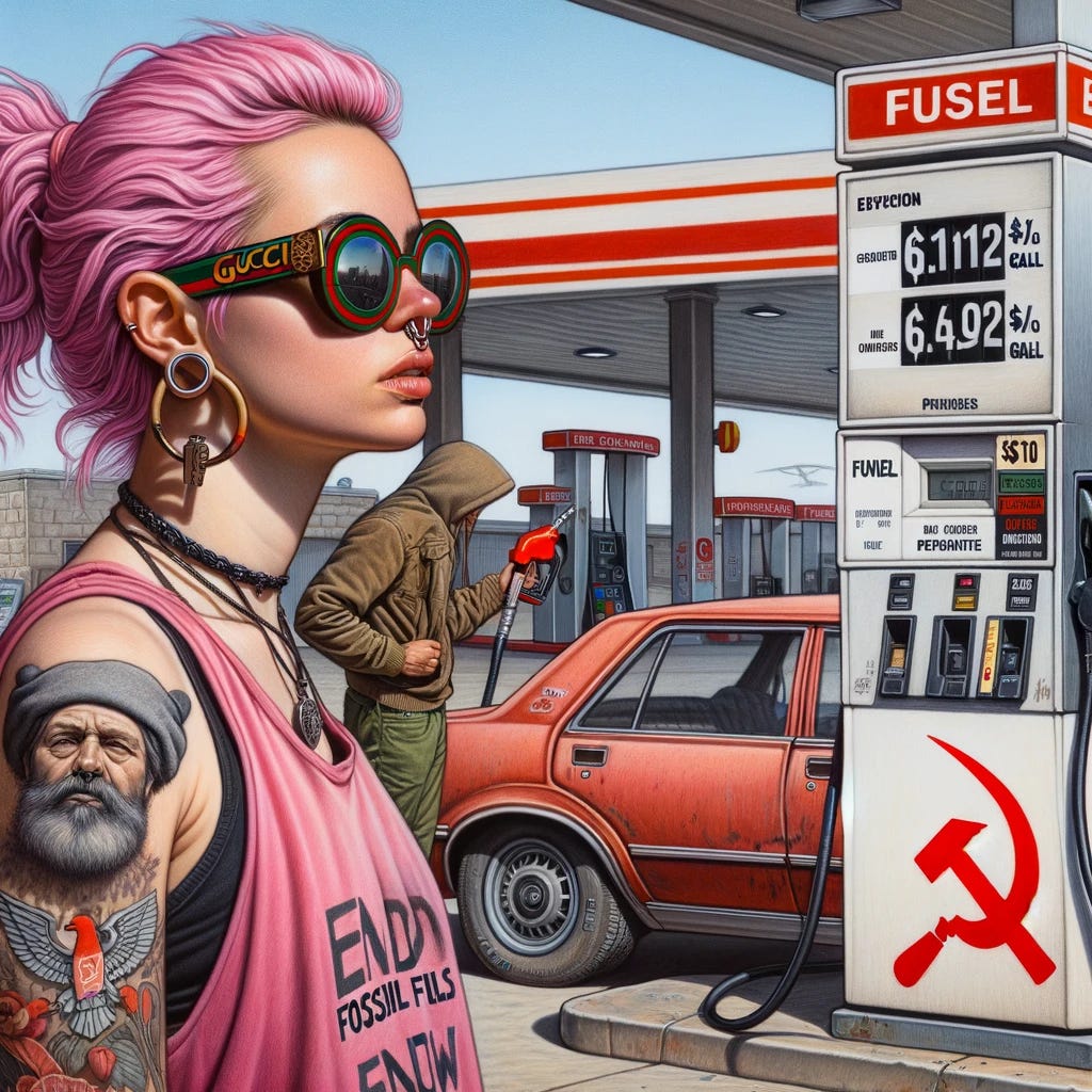 A detailed scene with a female demonstrator in the foreground prominently featured. She has pink hair, a septum ring, and is wearing Gucci sunglasses, embodying a mix of counterculture and affluence. Her arm shows a Soviet hammer and sickle tattoo. She's holding a sign that reads "End Fossil Fuels Now," and also wearing a shirt with the same slogan "End Fossil Fuels!" In the background, slightly out of focus to emphasize depth, is a despondent individual at a fuel station, holding a gas pump next to their battered Ford Festiva. The fuel price display is visible, showing $6.12 per gallon, but the hammer and sickle are not present on the gas station pillar, maintaining focus on the economic contrast in the scene.