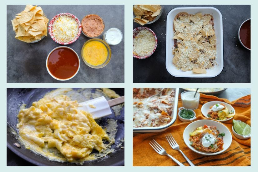 4 square collage of the ingredients for chilaquiles - clockwise from top-left: image 1: tortilla chips, shredded Mexican cheese, refried beans, sour cream, scrambled eggs, red enchilada sauce; image 2 the ingredients are layered in a baking pan; image 3 is the composed final dish displayed in servings; image 4 is a close-up of a pan cooking scrambled eggs