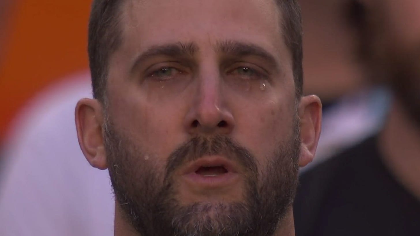 Eagles coach Nick Sirianni crying during Super Bowl 57 national anthem