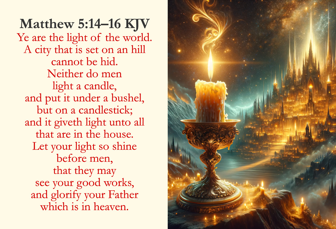 Matthew 5:14–16 KJV Cards - Ye are the light of the world. A city that is set on an hill cannot be hid. Neither do men light a candle, and put it under a bushel, but on a candlestick; and it giveth light unto all that are in the house. Let your light so shine before men, that they may see your good works, and glorify your Father which is in heaven. 