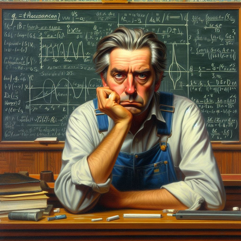 pintura estilo Denis Hopper de un científico ante un pizarrón con fórmulas físicas escritas en tiza, en un aula vacía, con su guardapolvos y actitud decepcionada, que mira a cámara con expresión de derrota