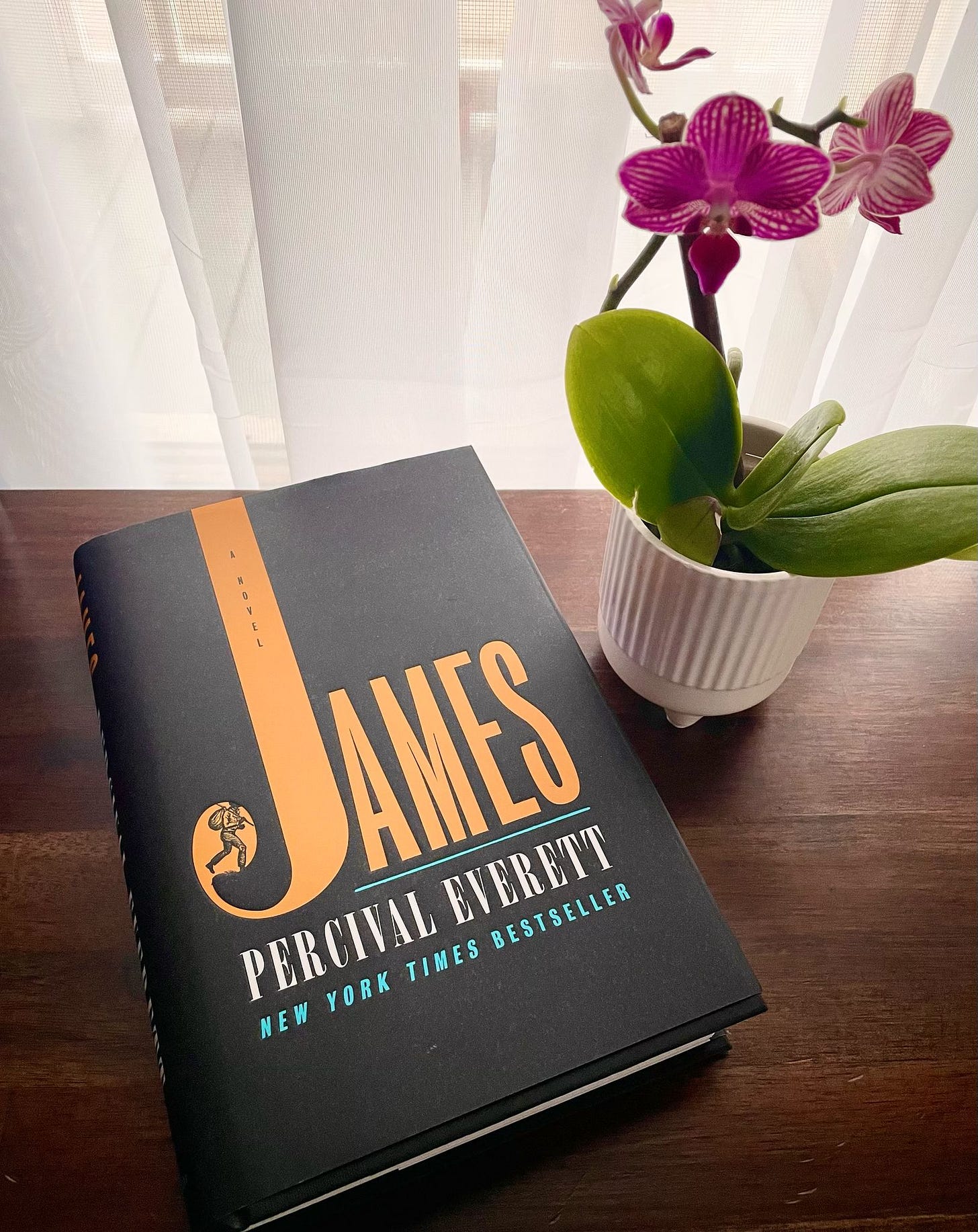 A copy of the novel James by Percival Everett sits next to a pink orchid on a desk by a window