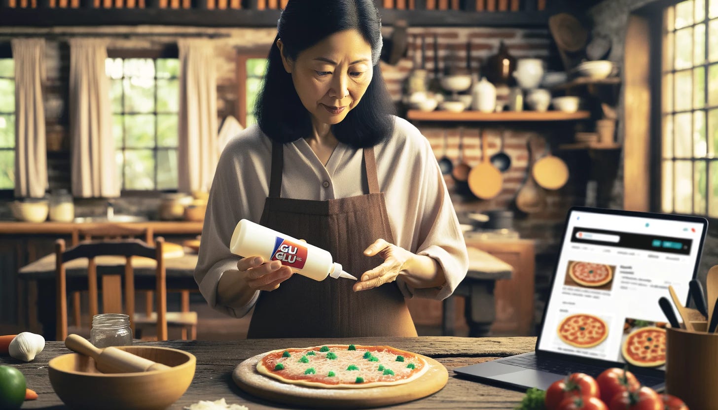 Una imagen horizontal de una madre asiática en una cocina tradicional, claramente agregando pegamento a una pizza. Ella está vistiendo ropa casual adecuada para una madre, incluyendo una blusa simple y un delantal. Está sosteniendo una botella etiquetada como 'GLUE' y exprimiéndola sobre la pizza. La etiqueta 'GLUE' es clara y legible. Al lado de la mesa, hay una laptop mostrando una página de búsqueda en un motor de búsqueda. La cocina está llena de ingredientes y utensilios típicos para hacer pizza, con un ambiente cálido y rústico.
