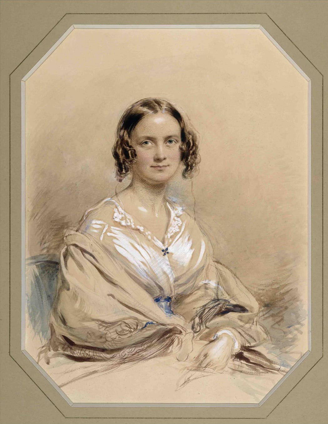 Painted beige and gray portrait of a woman circa 1840. She has a white-ish dress with an open lacy collar and a shawl descending around her arms. Her hair is curled at the sides but also pinned back, and she has a faint smile.
