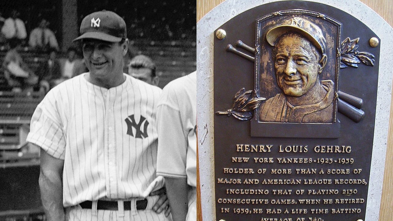 A picture of Lou Gehrig next to his plaque in the Hall of Fame. 