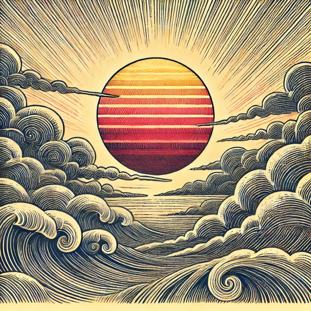 A more realistic abstract illustration of the rising sun at dawn in a vintage inked style. The sun is depicted with soft gradients of red, orange, and yellow, with detailed rays stretching outwards. The sky and clouds are more natural, blending with organic lines and shading that echo the vintage inked style, but with a hint of realism. The scene is serene and dynamic, with the sun appearing as it rises over a horizon, casting warm light through stylized clouds.
