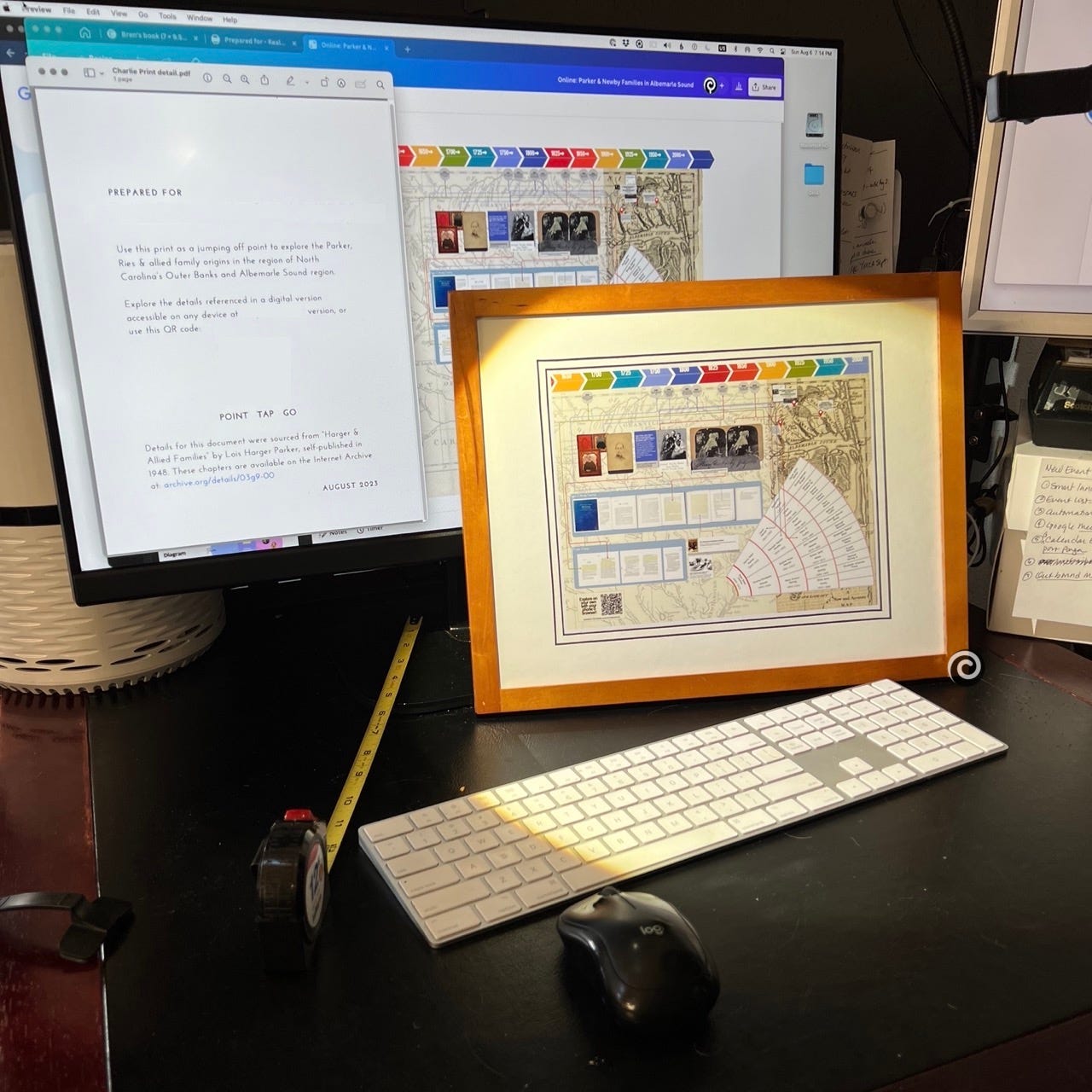 From "A Map, Timeline & Story Viewed: Two Ways" project showing the framed artwork with a digital version behind it on a computer screen.