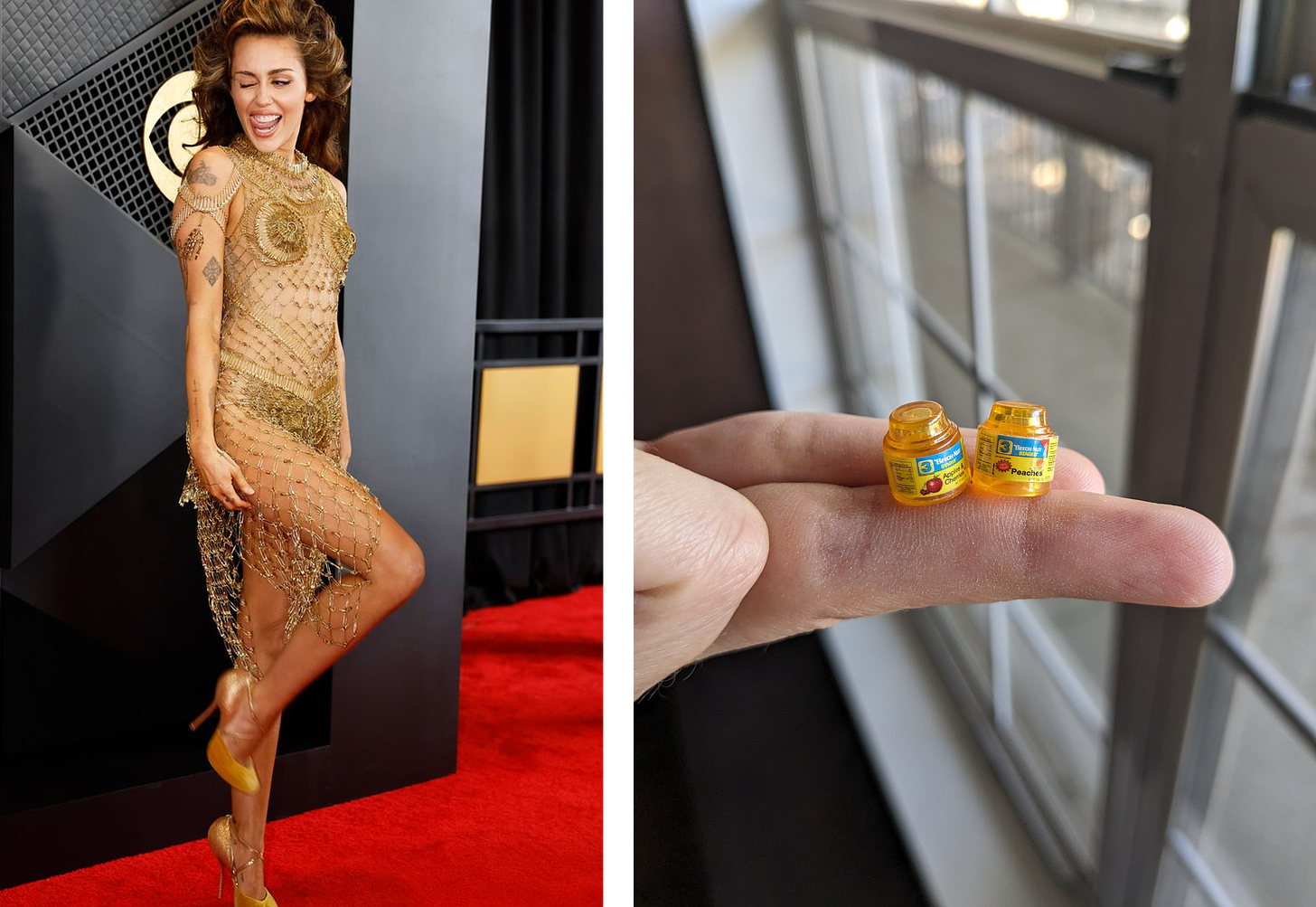 Left: Miley Cyrus in sheer gold chain mail. Right: 2 tiny plastic jars of baby food.