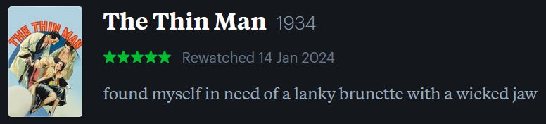 screenshot of LetterBoxd review of The Thin Man, watched January 14, 2024: found myself in need of a lanky brunette with a wicked jaw
