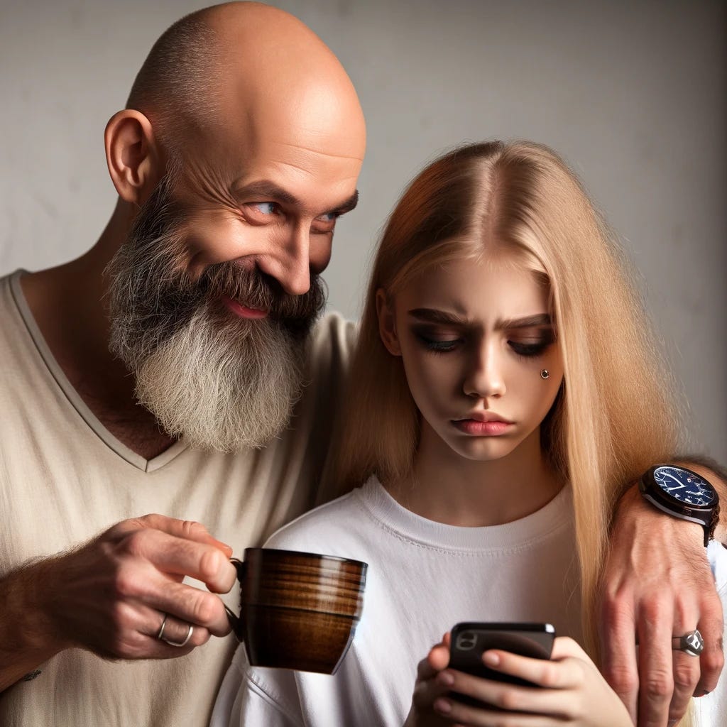 A bald, bearded 40-year-old father affectionately bringing a cup of tea to his teenage daughter. The daughter, a dirty blonde with eye makeup, is rolling her eyes with a smirk on her face while engrossed in her phone. The father looks caring and gentle. This scene captures a tender family moment, highlighting the contrast between the father's loving gesture and the daughter's playful teenage nonchalance.