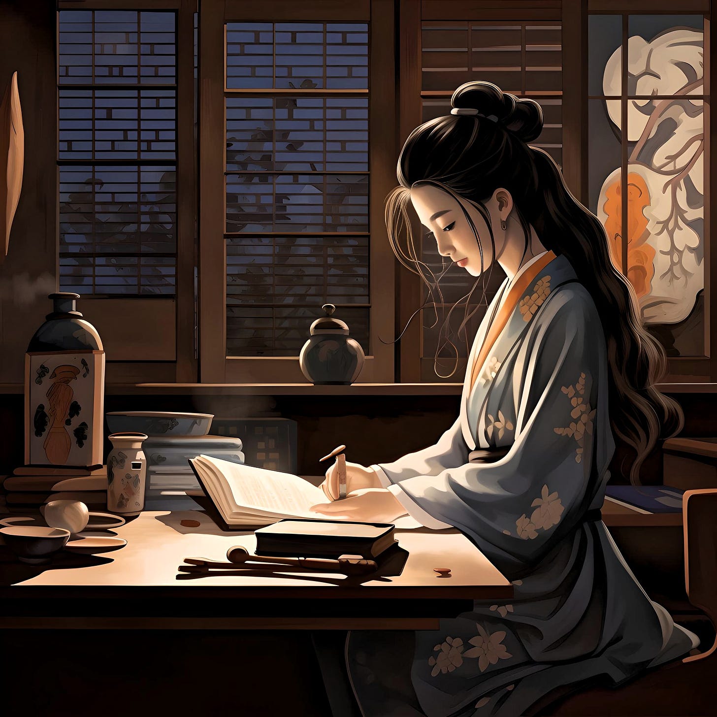 Ilustración de una joven japonesa con un kimono tradicional leyendo sentada en una mesa.