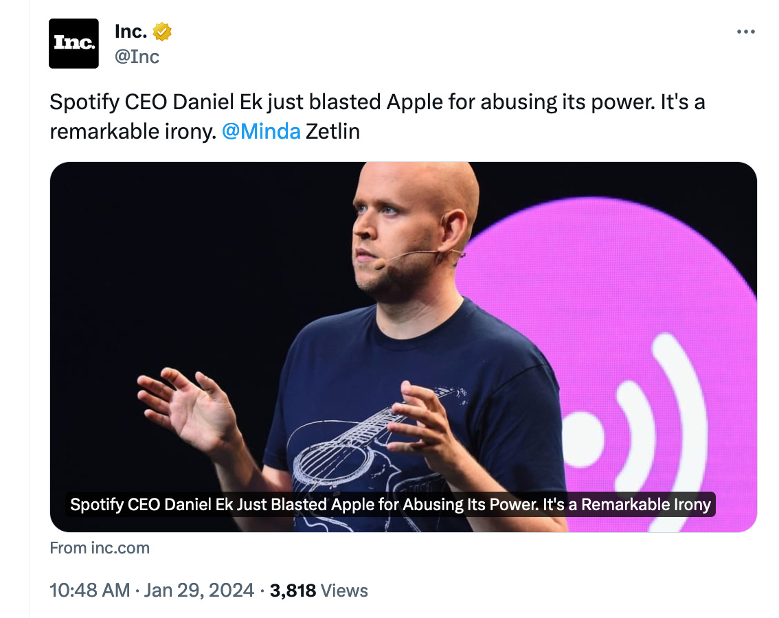 Headline about Spotify attacking Apple