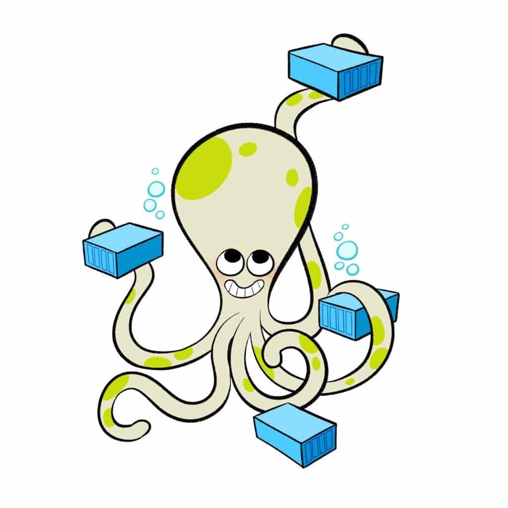 Docker Compose's mascot octopus holding multiple containers