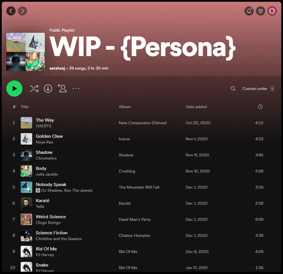 Screenshot of a Spotify playlist with the title WIP - {Persona}