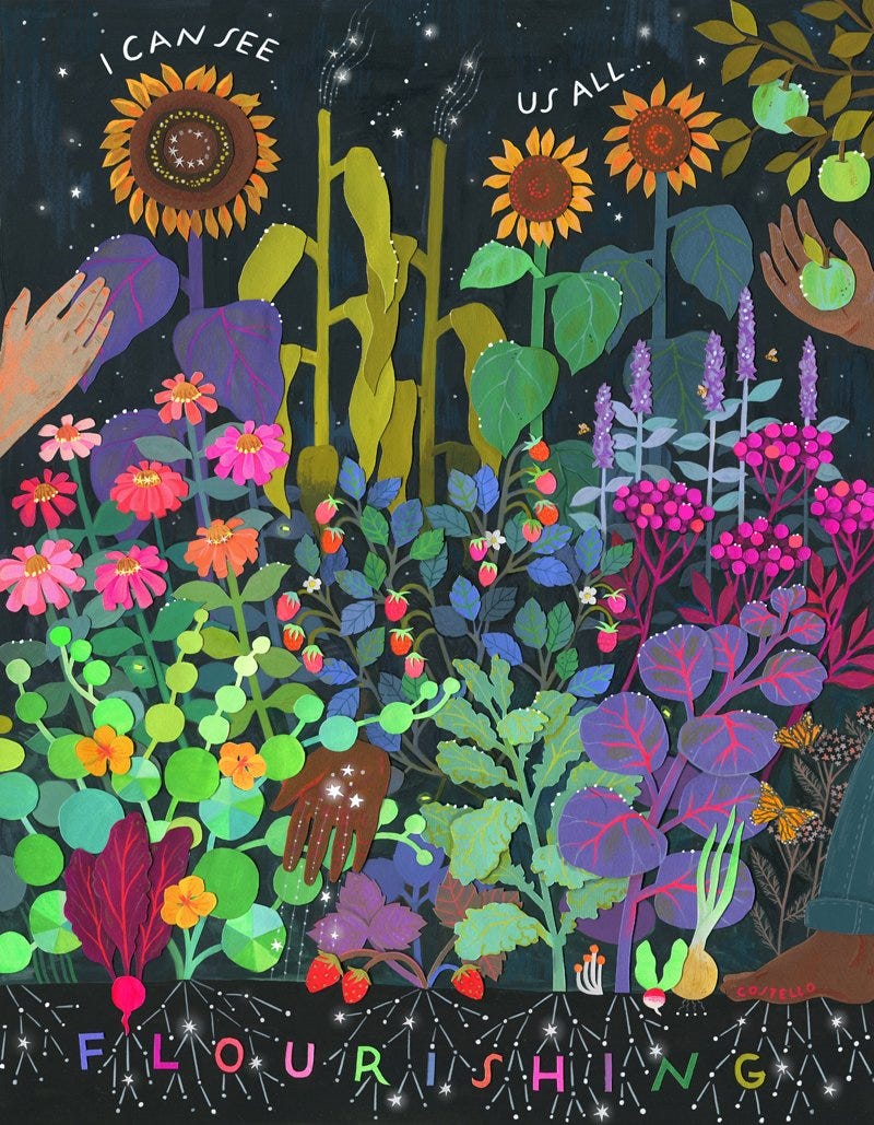 Collage art, with a garden growing underneath the starts, and hands of different colours tending it. The text reads: "I can see us all flourishing." 