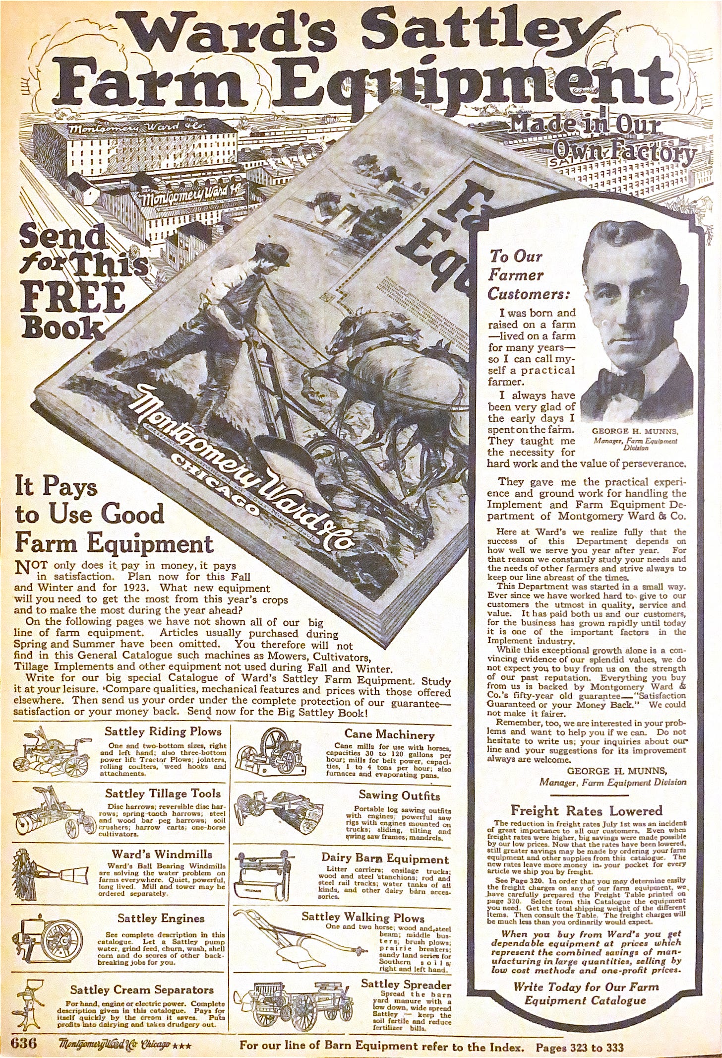 the front page of the farming equipment section of the 1922 montgomery ward 50th anniversary catalog