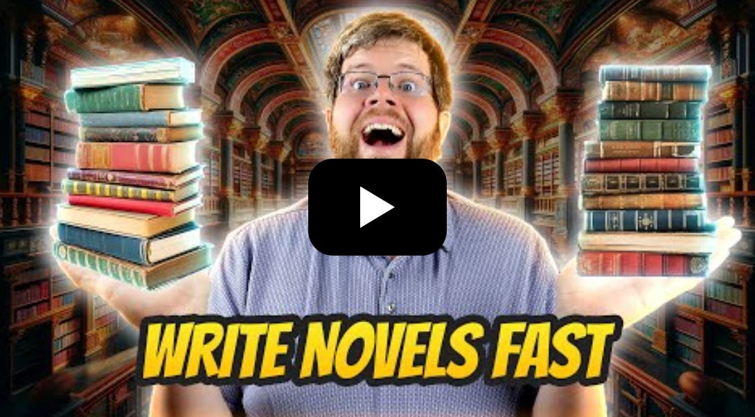 Screenshot of a YouTube video cover showing a madman holding a stack of books with the words "write novels fast" emblazoned across the bottom of the screen