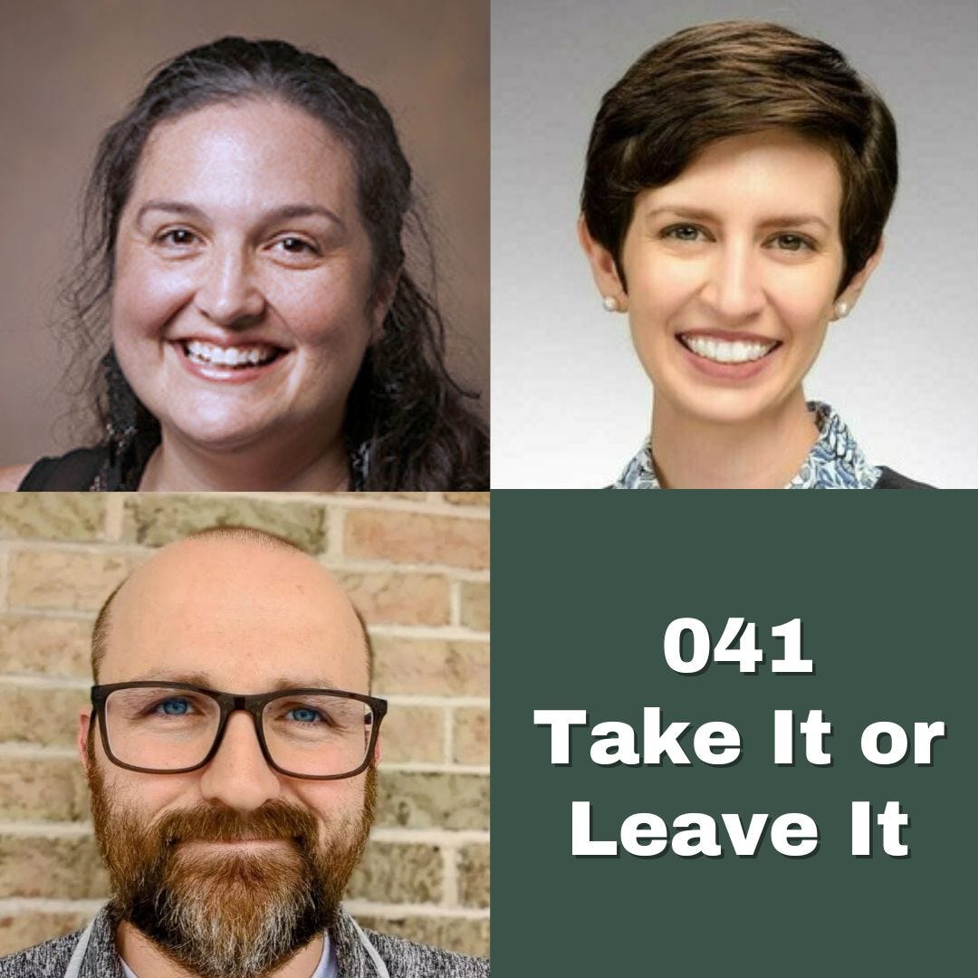 Headshots of Stacey Johnson, Emily Donahoe, and Lance Eaton with text "041 Take It or Leave It."