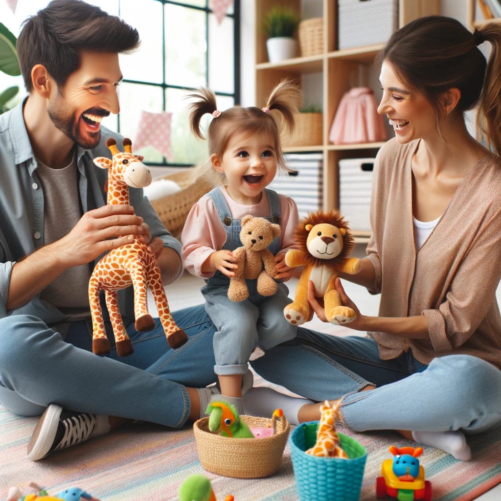 A delightful scene of parents playing with animal toys with their 2-year-old daughter. The family is sitting on a soft rug on the floor of a brightly colored playroom. The little girl, with pigtails and a big smile, is holding a stuffed giraffe, while the parents are animatedly presenting other plush animals, like a lion and an elephant, engaging her in imaginative play. The parents are each holding an animal toy and making playful gestures, as if the toys are interacting with each other, sparking joy and laughter in their daughter. The room is filled with an array of toys, but the animal figures are the center of the interaction, encouraging learning and creativity.